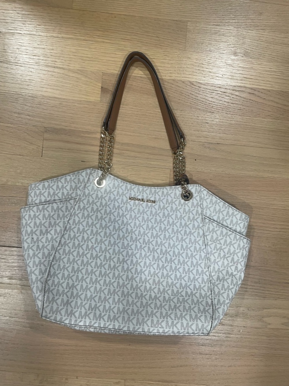 Michael Kors White MK Logo Tote with Gold Chain and Tan Handles